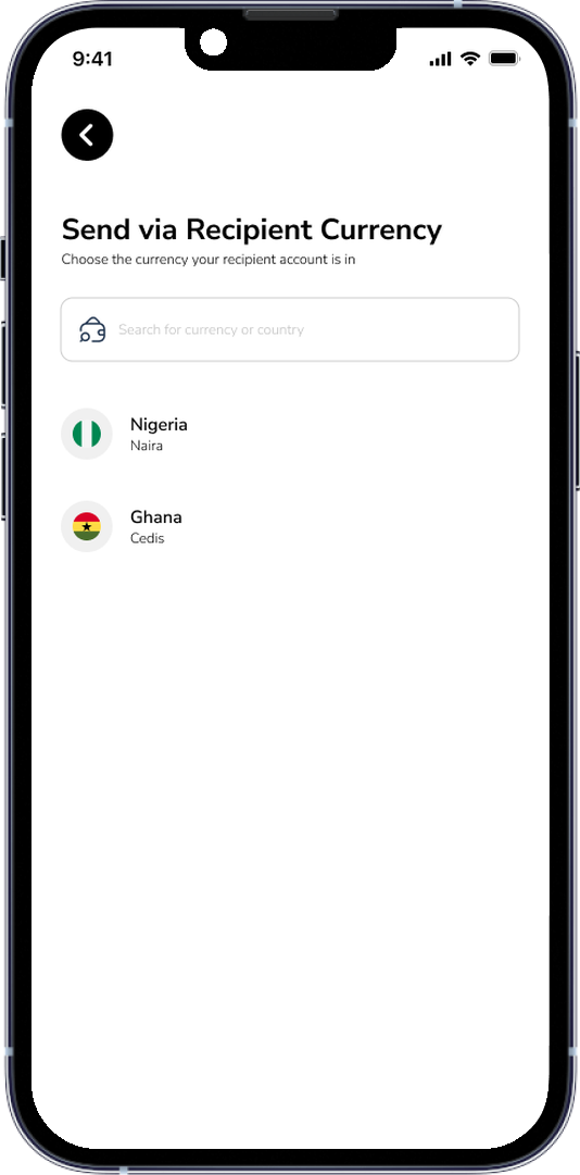 Currency picker for sending to Nigeria or Ghana
