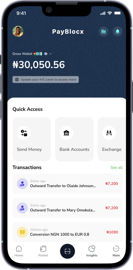 Home screen with gross wallet balance and quick actions