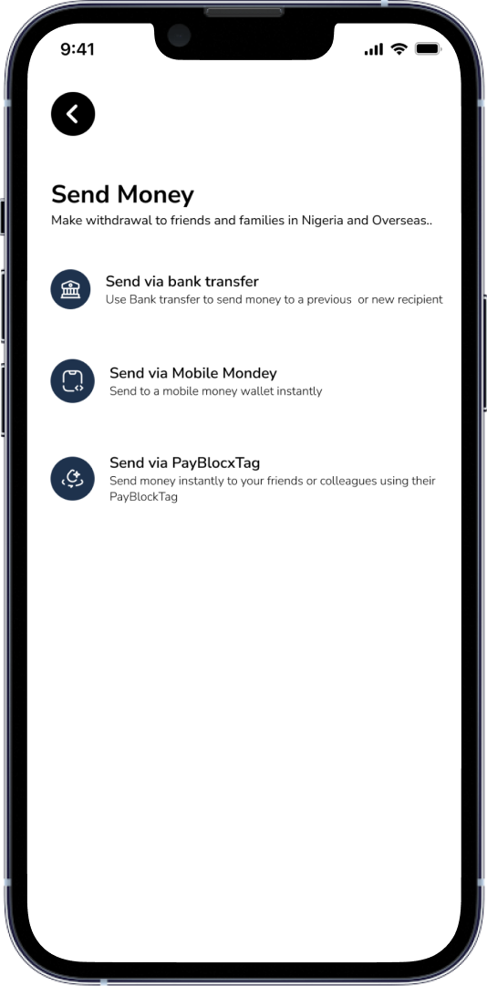 Send money options: bank transfer, mobile money and PayBlocx tag
